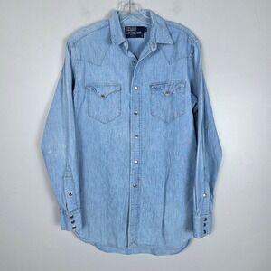 Vintage Polo Ralph Lauren USA Denim Western Shirt Mens Jean S Long Sleeve Snap
